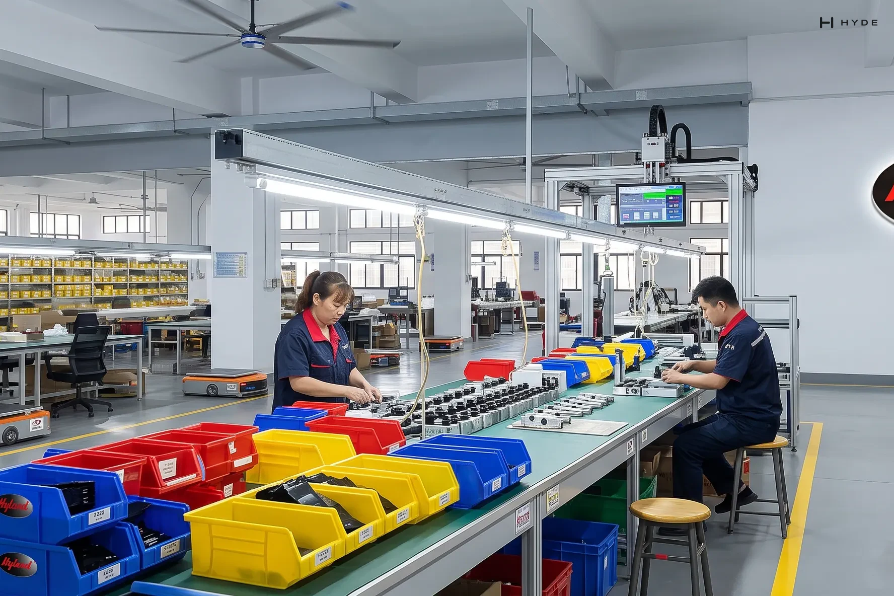 Our assembly line: two operators at the bench, with parts in labeled bins along the line