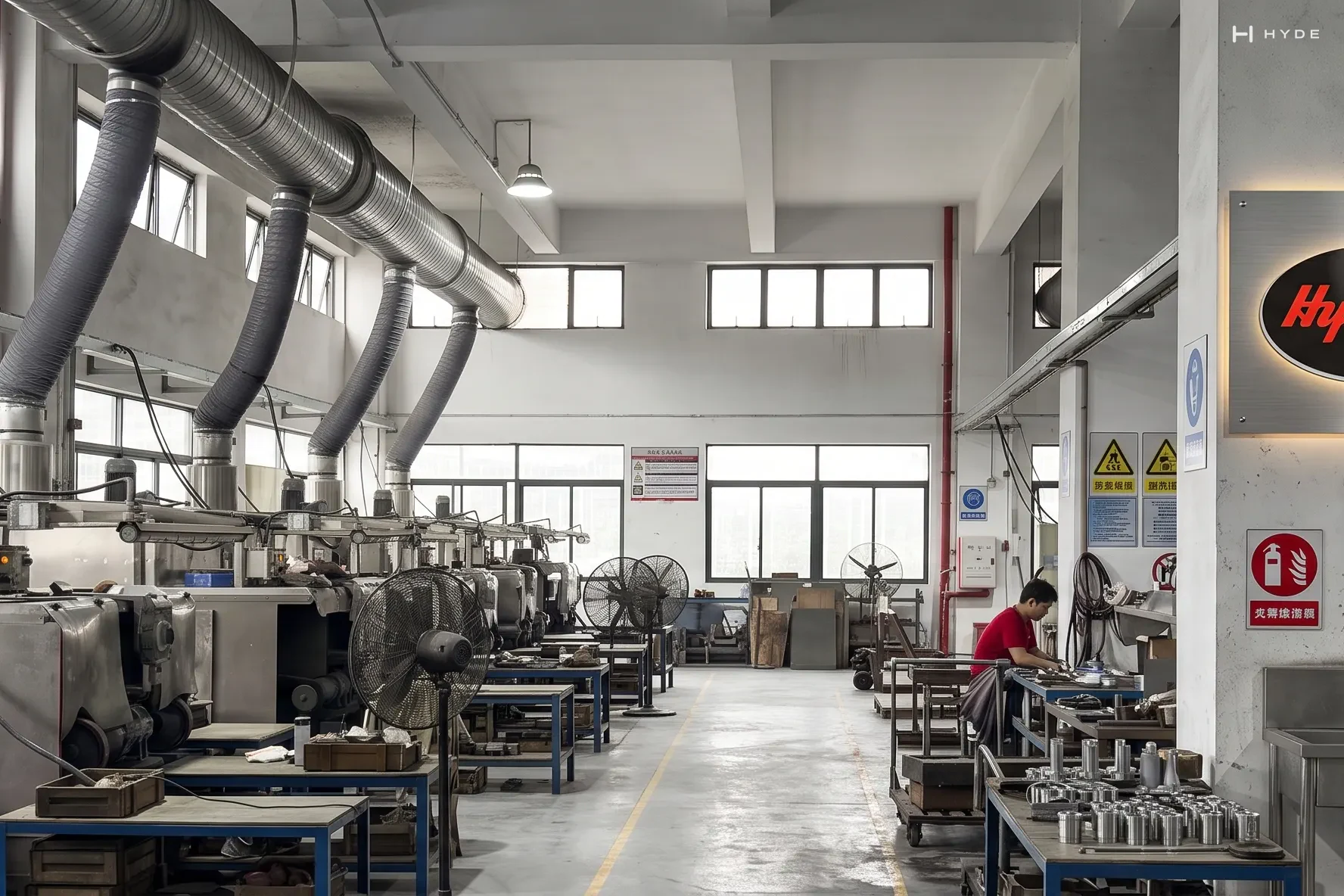 Our polishing workshop: polishing machines under their extraction ducts, an operator at the bench and parts laid out on a bench in the foreground