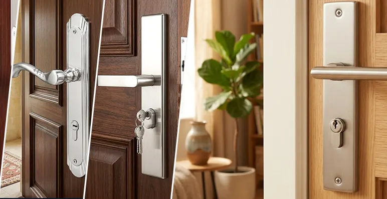 Lever and grip handle sets installed on timber doors