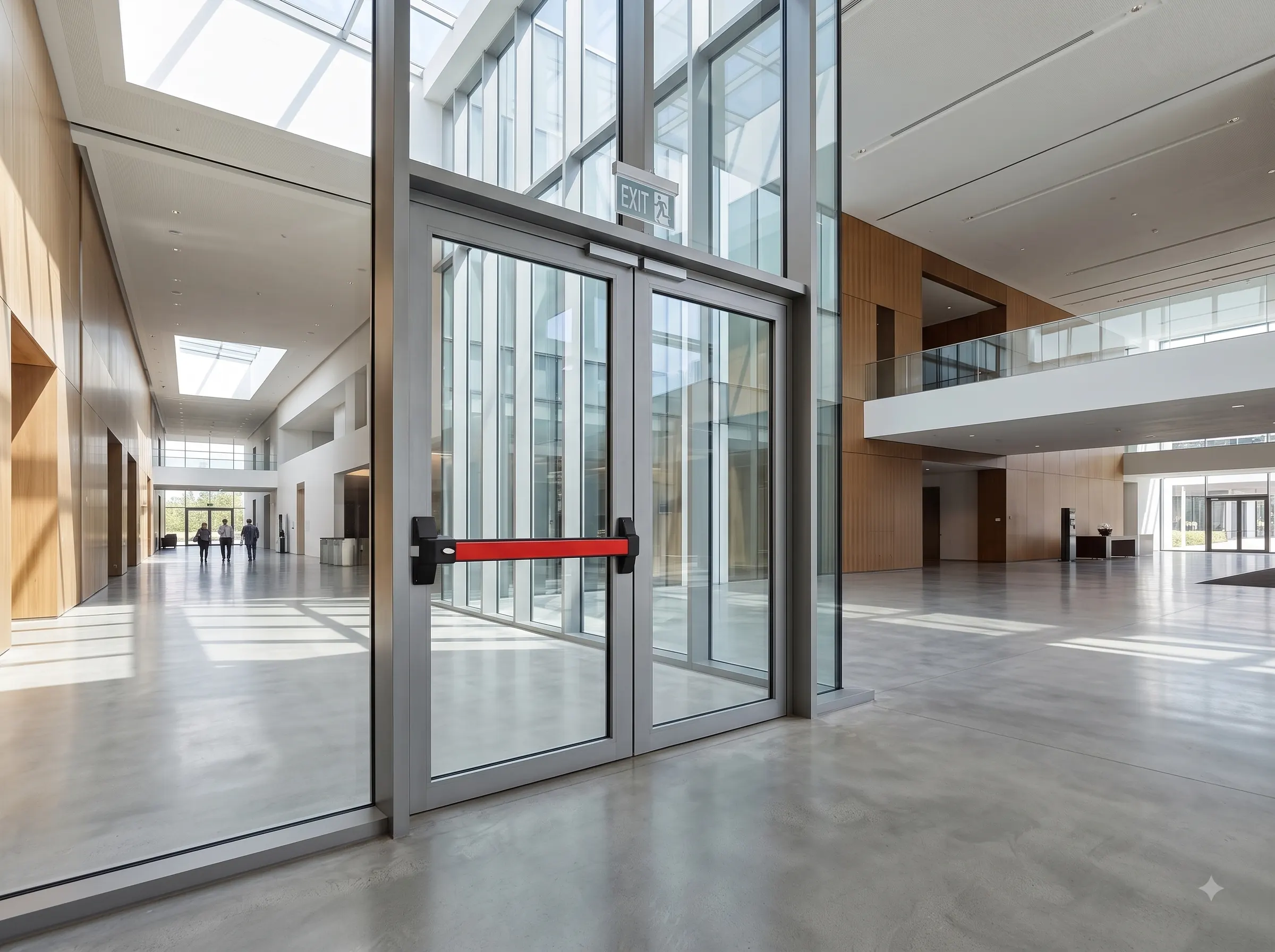 Panic bar on glazed double doors in a commercial building atrium