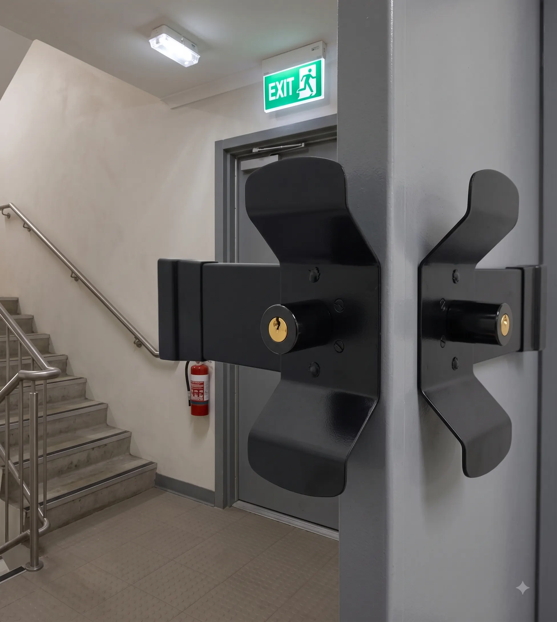 Black push-pad exit device on a stairwell fire door beneath an illuminated exit sign