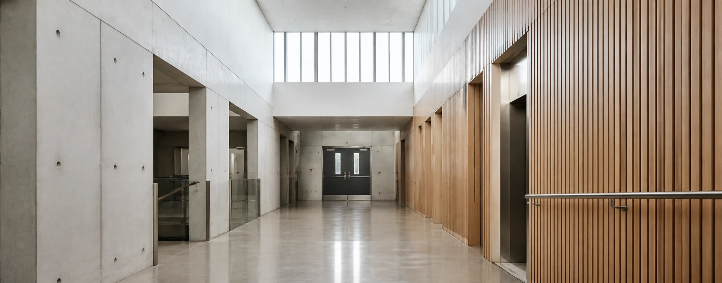 Representative civic corridor with multiple door types requiring a coordinated hardware schedule