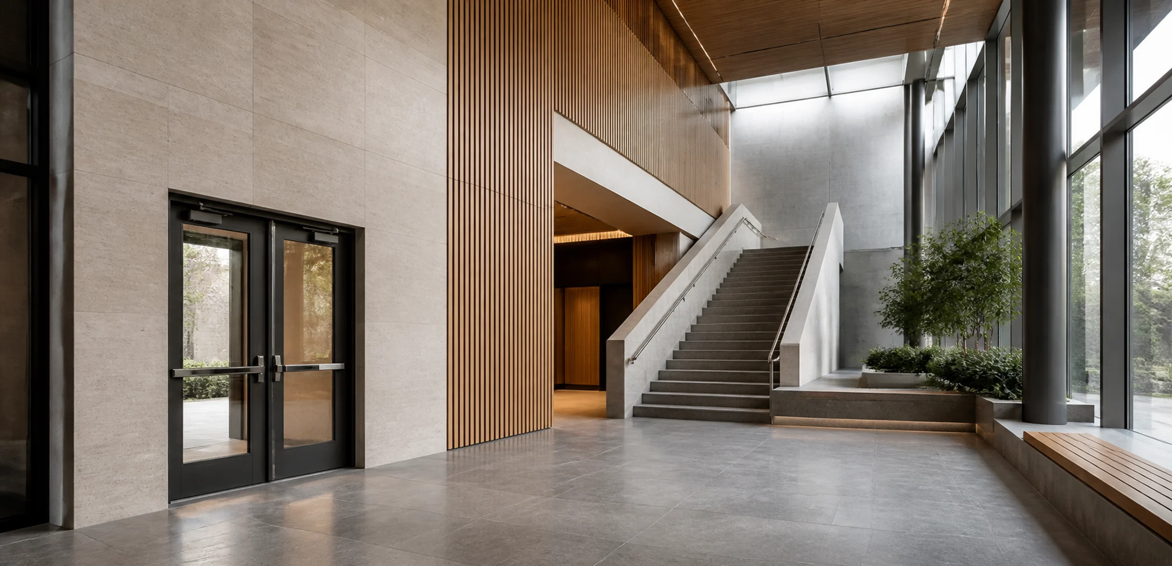 Commercial escape-route architecture with paired doors and a quiet corridor