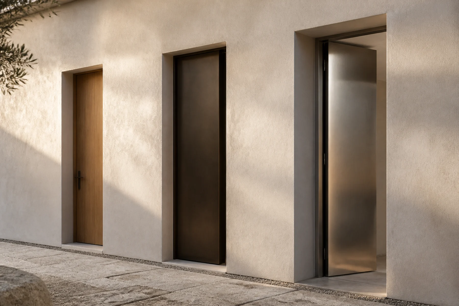 Architectural door rhythm with timber, stone, and metal junctions