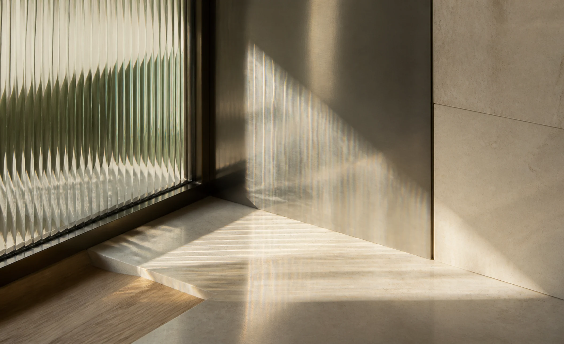 Abstract architectural light study with glass and metal surfaces