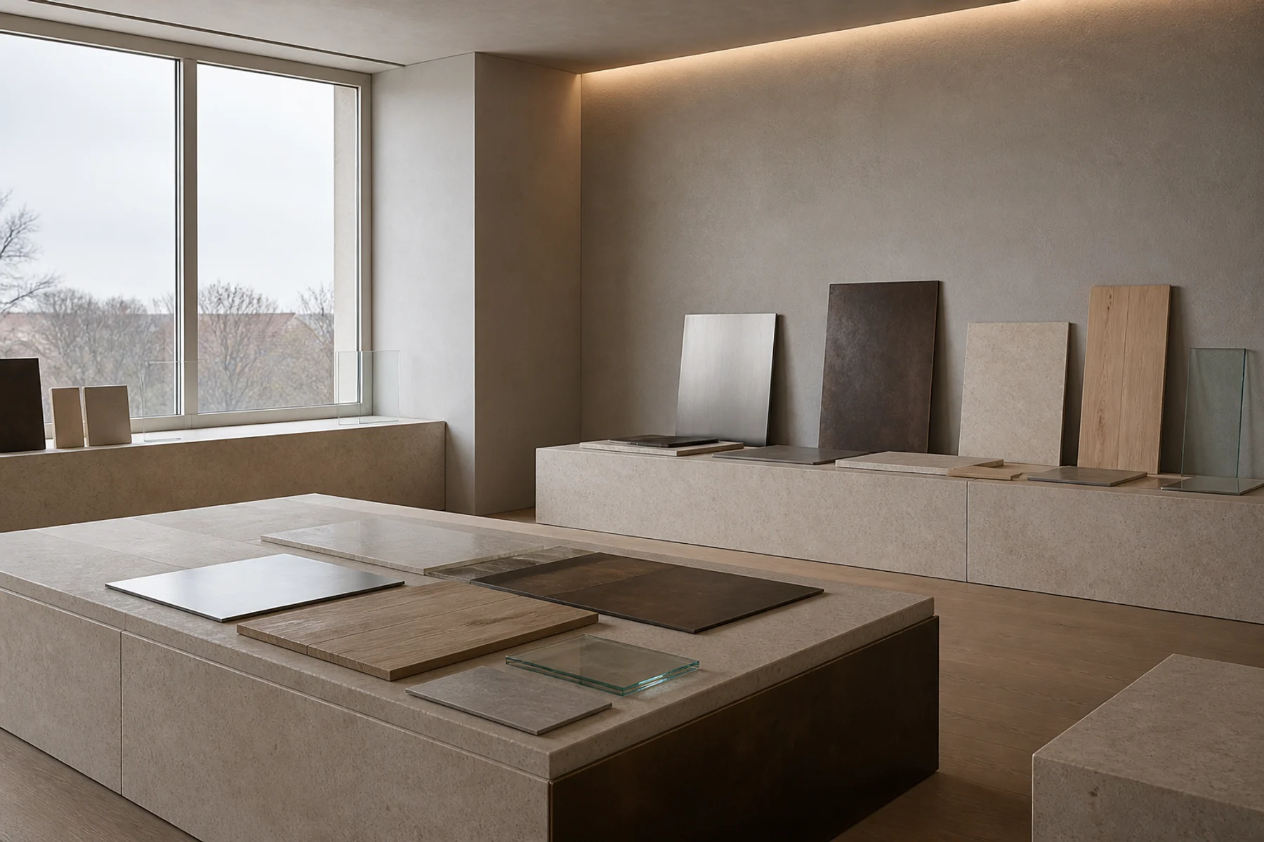 Representative material-library study in limestone, brushed metal, bronze and oak