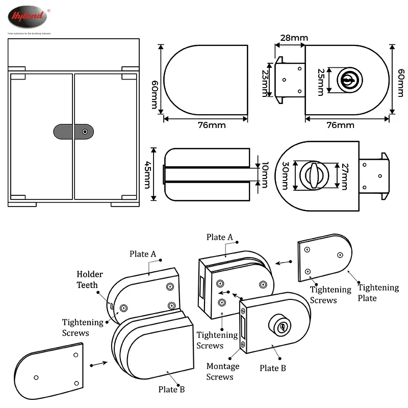 Hyland GL125 SS glass door patch fittings, view 3
